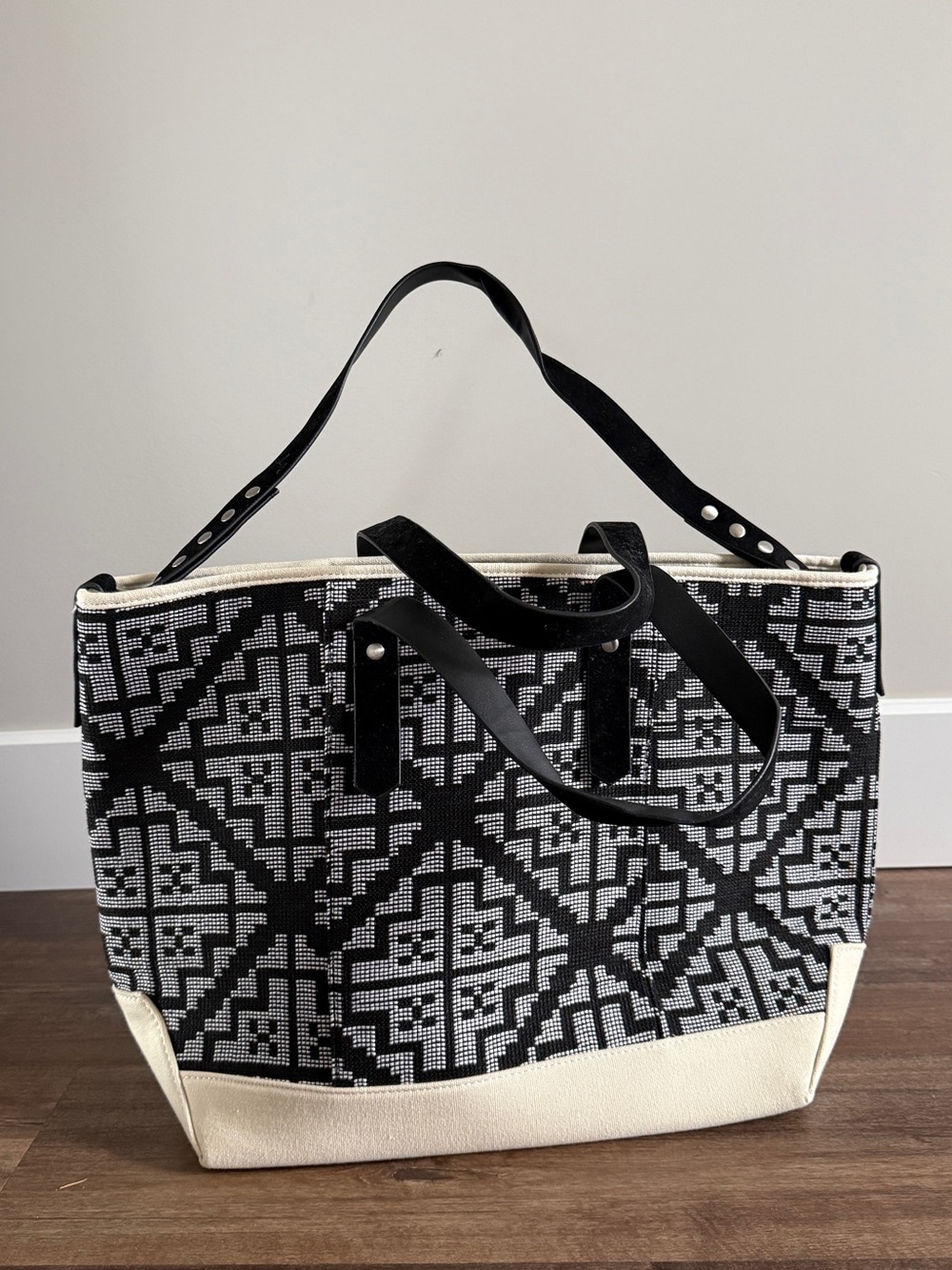 Zara Trafaluc Black & Cream Geometric Canvas Tote